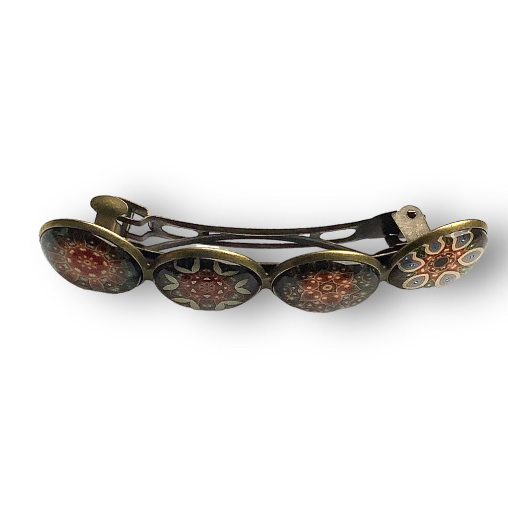 Hairclip XL glas cabochon haarspeld mandala bohemian ibiza bruin print 0141 - HAIRPIN.NU