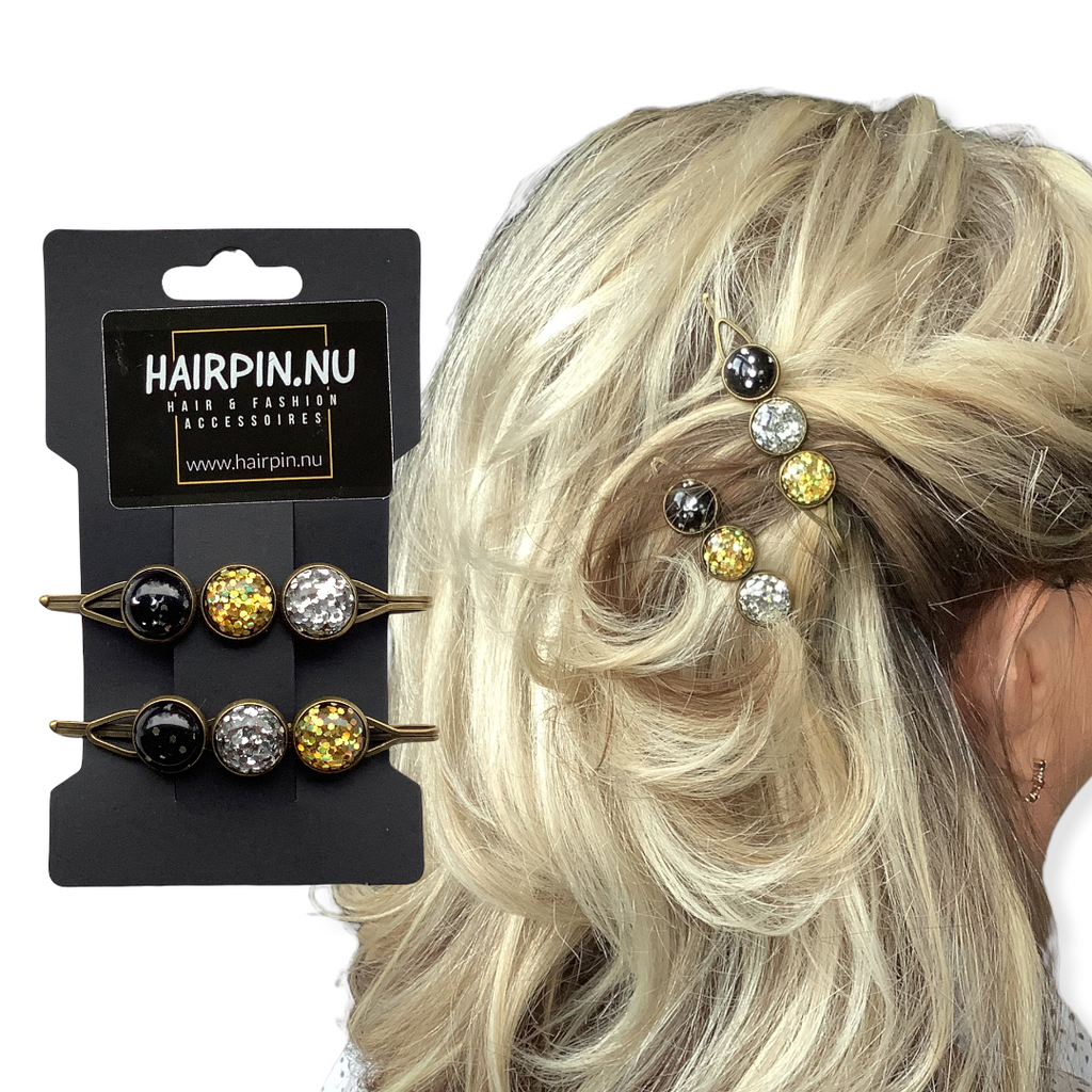 Color schuifspeld glossy goud-zwart-zilver 2 stuks - HAIRPIN.NU