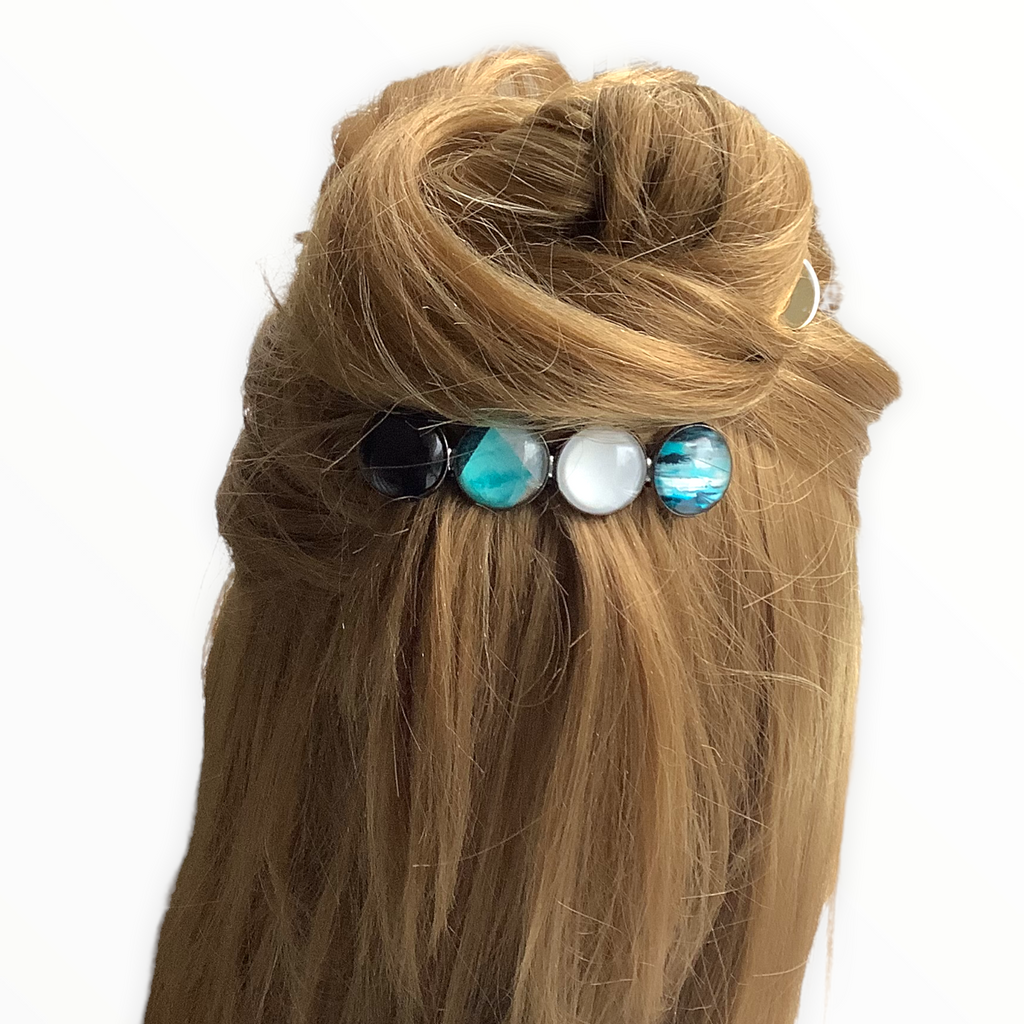 Color Hairclip XL glas cabochon haarspeld zwart,wit,turquoise 0106