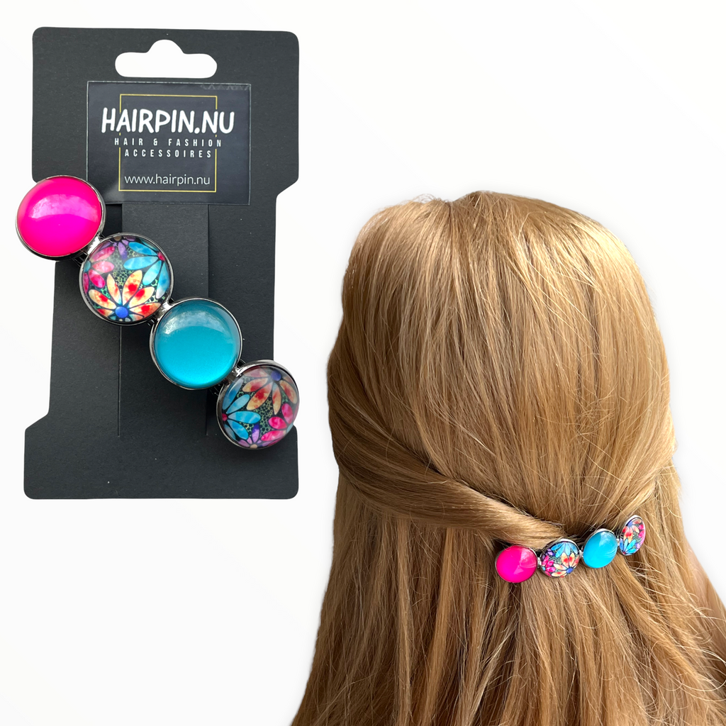 Color Hairclip XL glas cabochon haarspeld 083 roze - turquoise