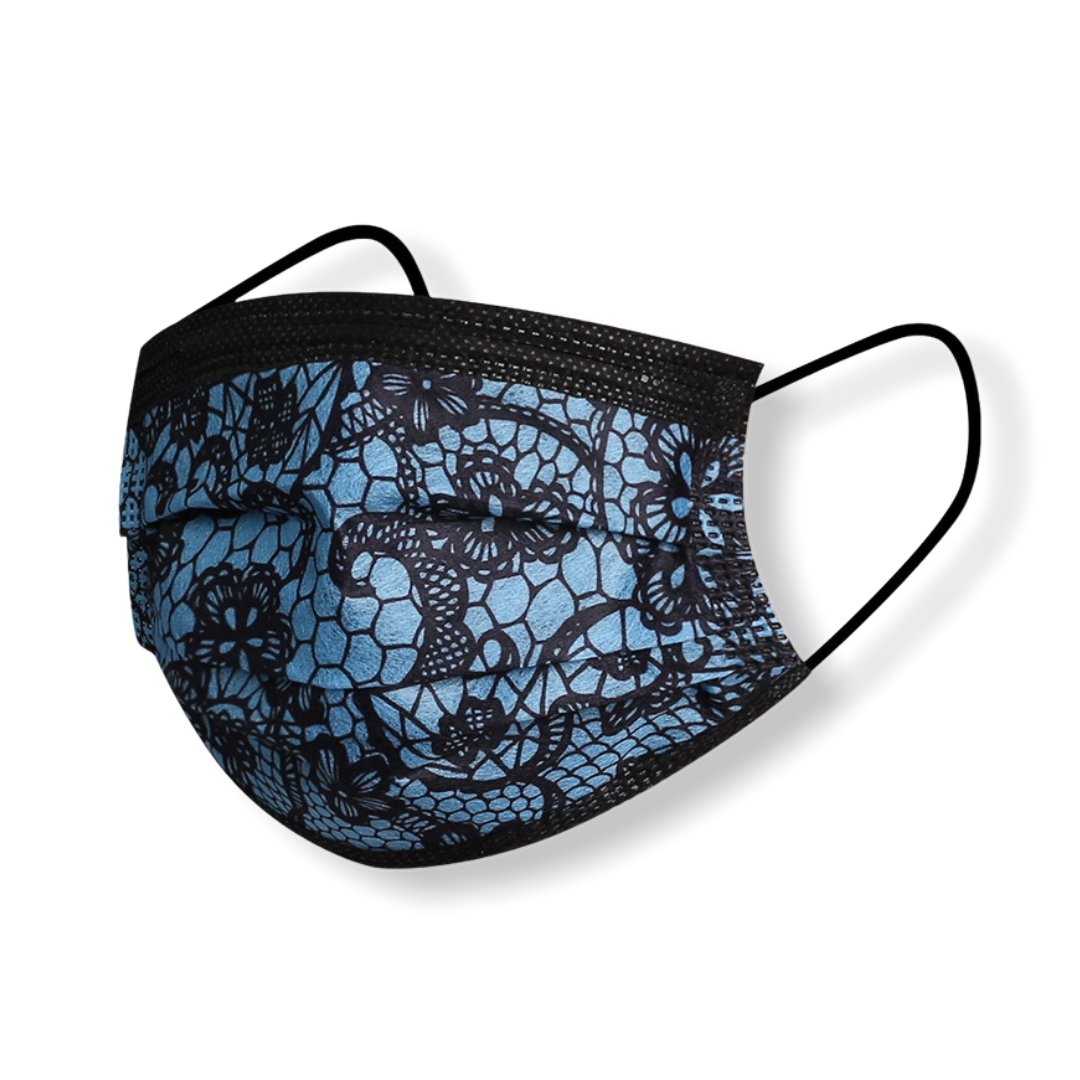 Mondkapje met kantprint blauw/zwart - HAIRPIN.NU