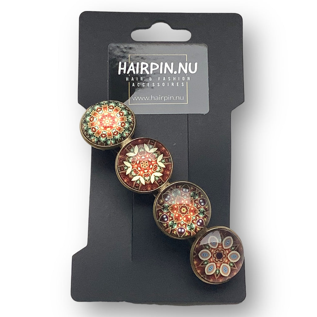 Hairclip XL glas cabochon haarspeld mandala bohemian ibiza bruin print 0141 - HAIRPIN.NU
