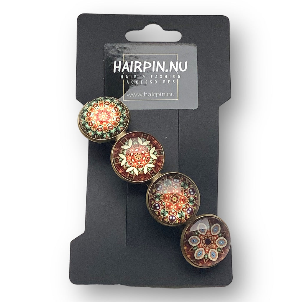 Hairclip XL glas cabochon haarspeld mandala bohemian ibiza bruin print 0141 - HAIRPIN.NU