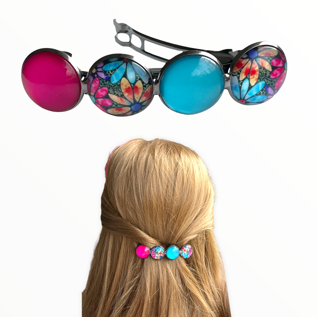 Color Hairclip XL glas cabochon haarspeld 083 roze - turquoise