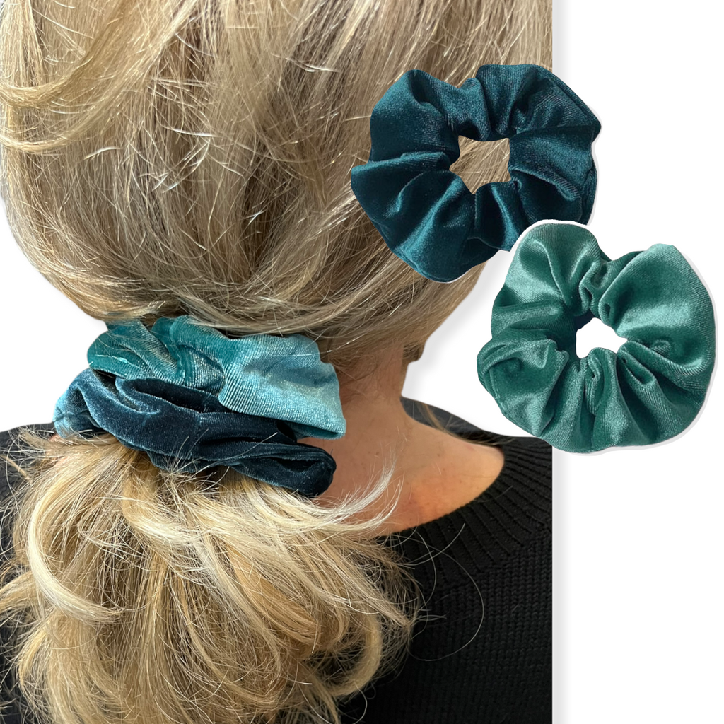 Set 2 scrunchies haarelastieken velvet groen/petrol - HAIRPIN.NU