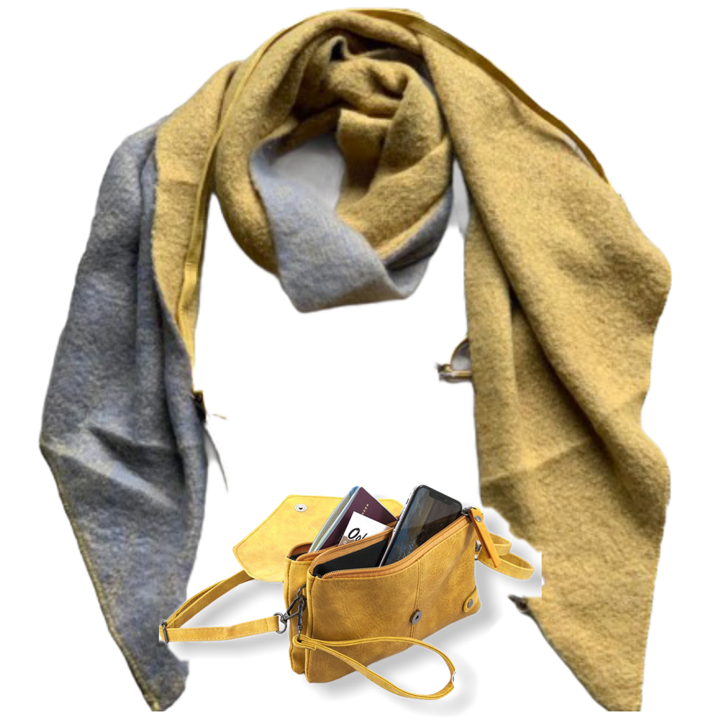 Set geel tasje en lichtgrijs/maisgeel sjaal - HAIRPIN.NU