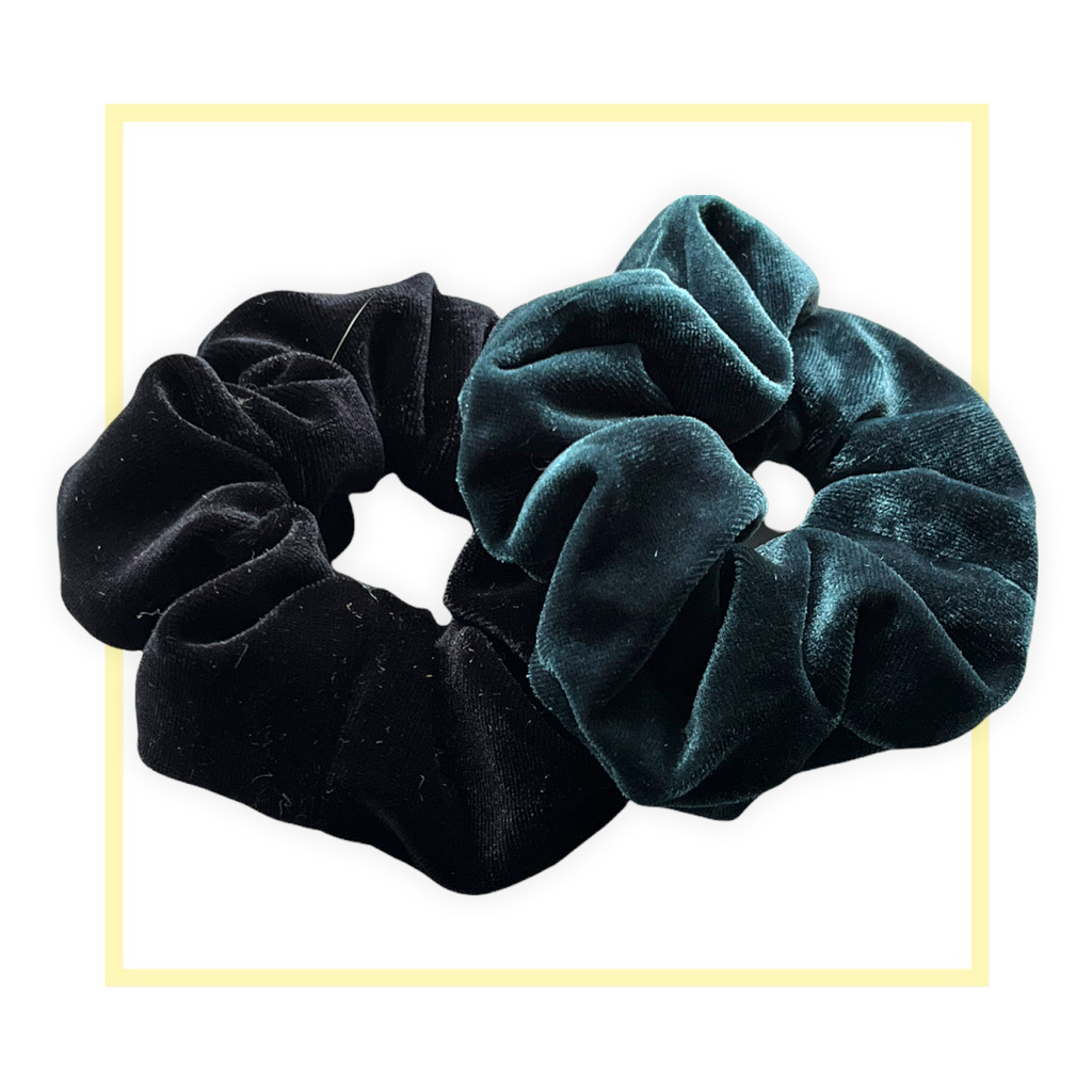 Set 2 scrunchies haarelastieken velvet zwart/petrol - HAIRPIN.NU