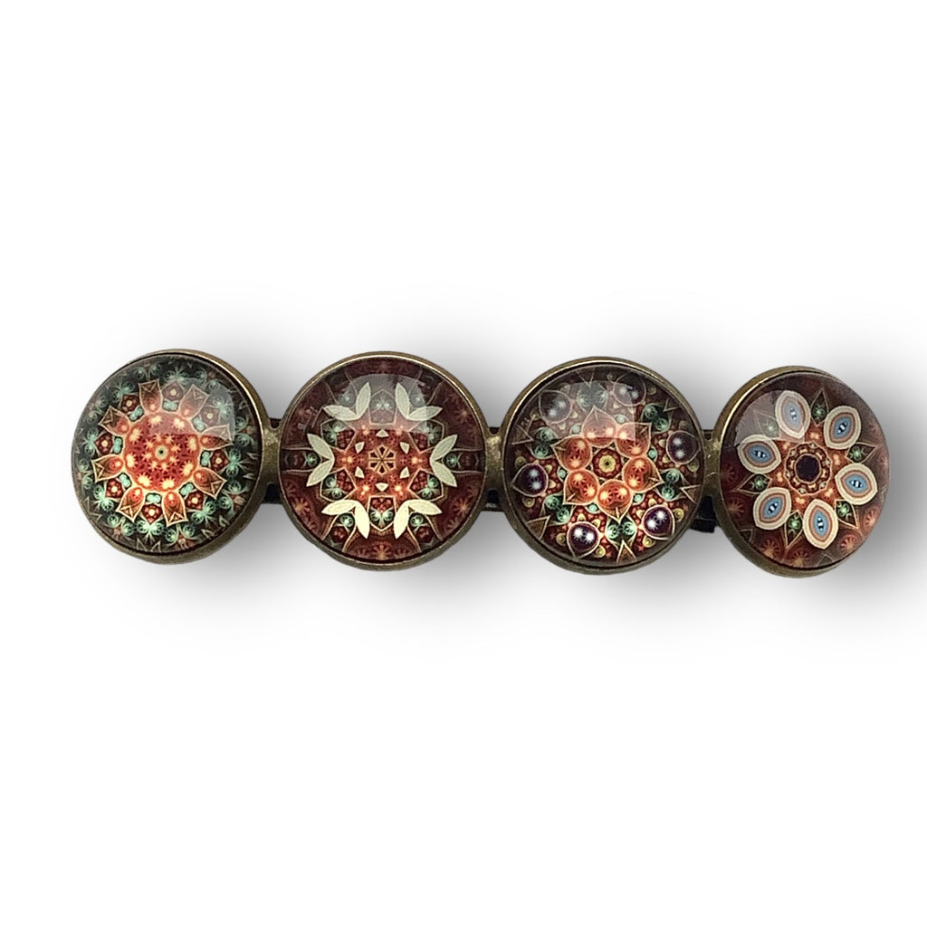 Hairclip XL glas cabochon haarspeld mandala bohemian ibiza bruin print 0141 - HAIRPIN.NU
