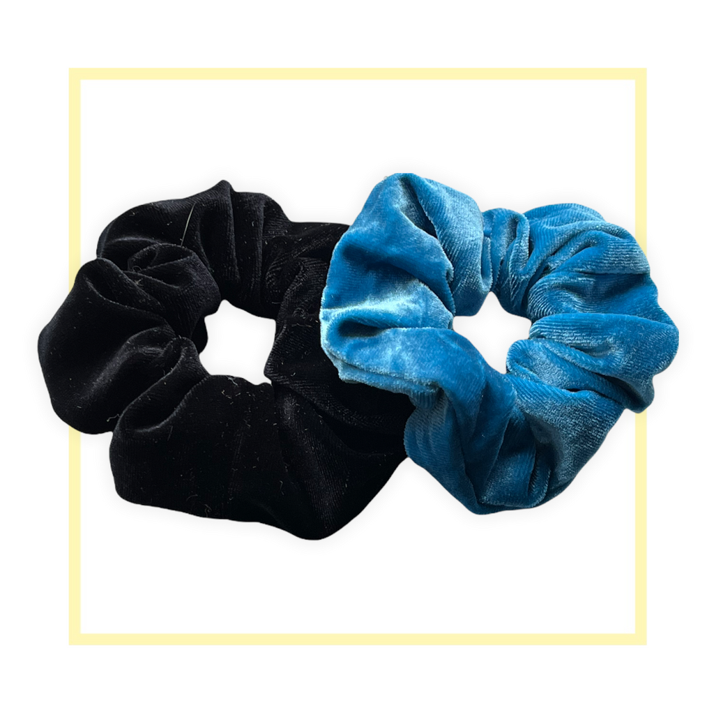 Set 2 scrunchies haarelastieken velvet zwart/turquoise - HAIRPIN.NU