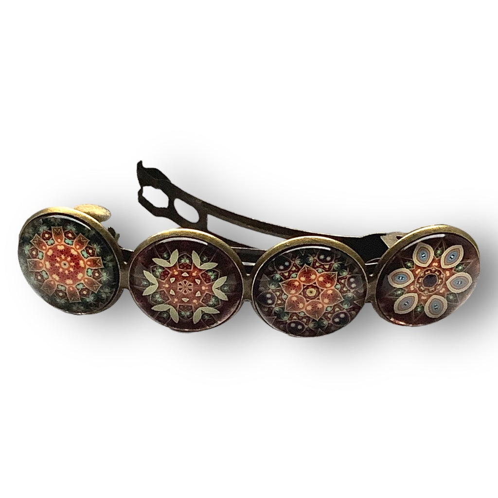 Hairclip XL glas cabochon haarspeld mandala bohemian ibiza bruin print 0141 - HAIRPIN.NU