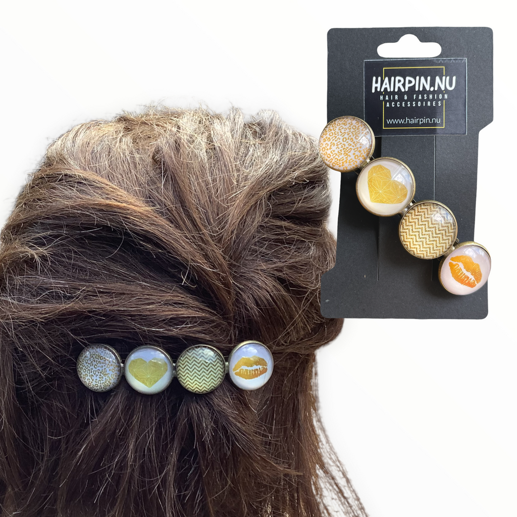 Color Hairclip XL glas cabochon haarspeld goudgeel-wit 0107