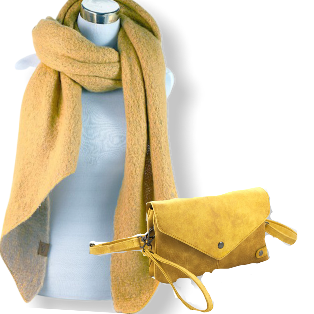 Set geel tasje en lichtgrijs/maisgeel sjaal - HAIRPIN.NU