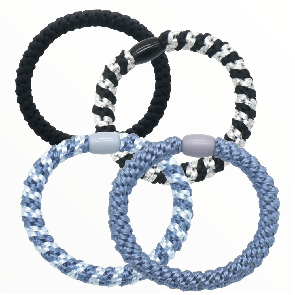 Haarelastiekjes - Armbandjes Knekkie 4 stuks zwart-zwartwit-blauw - HAIRPIN.NU