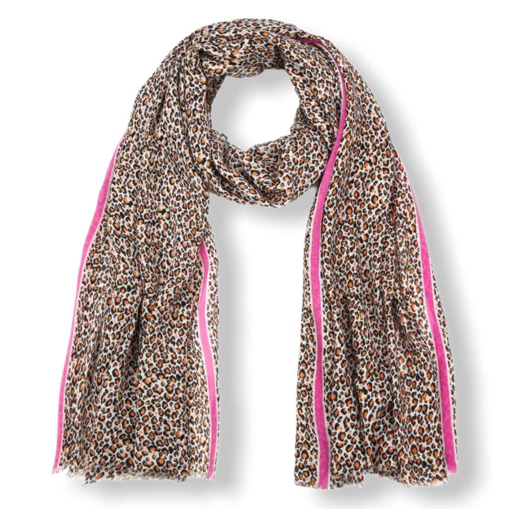 Leo print sjaal met kleuren rand pink - HAIRPIN.NU