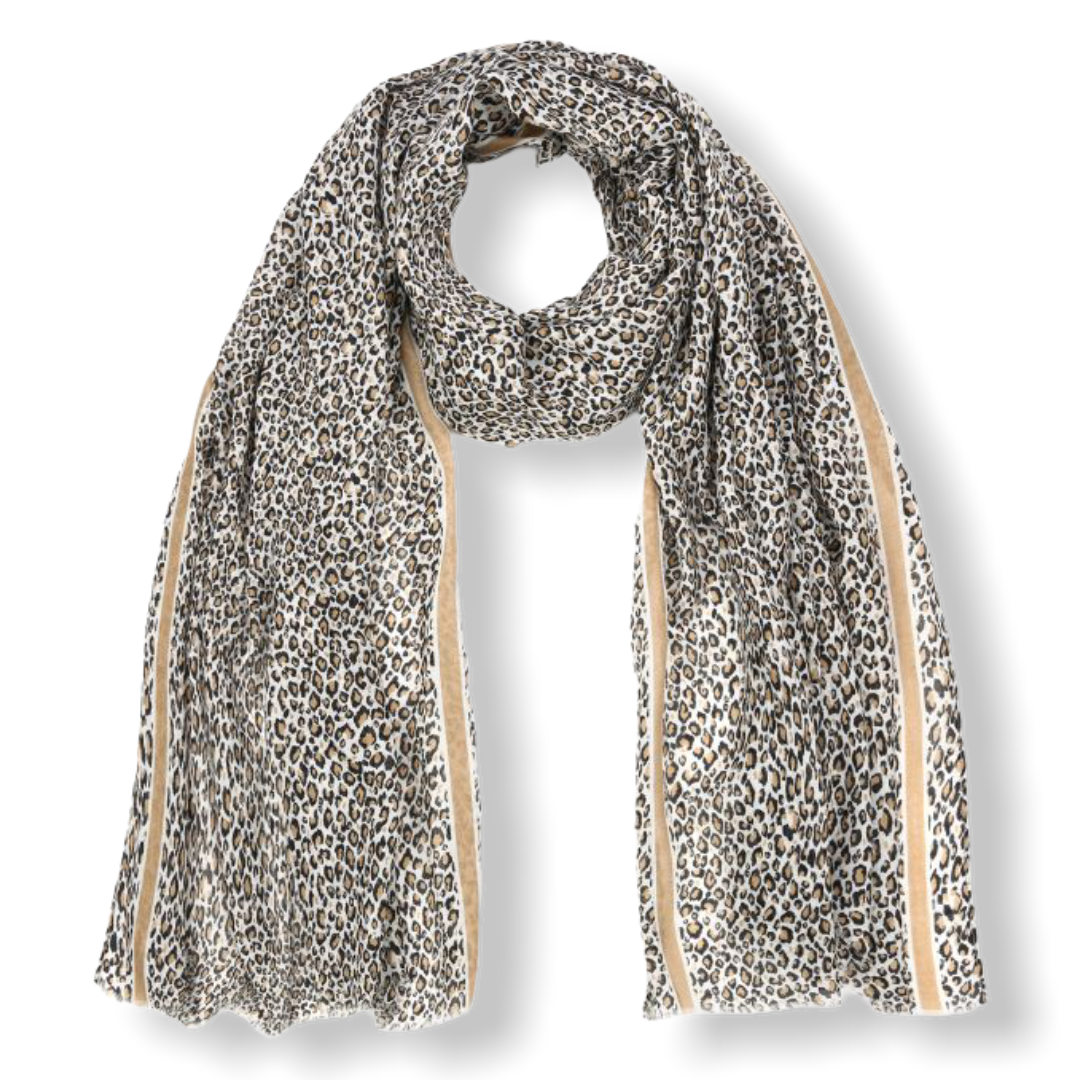 Leo print sjaal met kleuren rand camel - HAIRPIN.NU