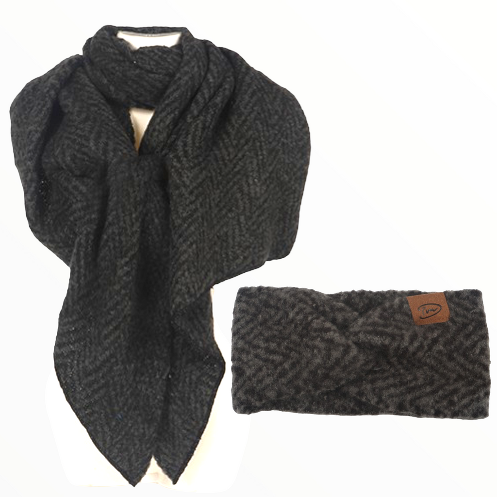 Zwart/grijs melée Haarband en sjaal voordeelset Hinterglemm - HAIRPIN.NU